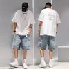 Mode Casual denim shorts heren trend ins jeugd pop zomer slijtage Japanse gotische hiphop losse lading vijf kwartbroek 240426