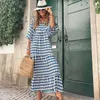 Zomer Puff Sleeve Boho Maxi Jurk Women Elegant 2024 Casual bloemen Drawstring V-Neck Loose Holiday Beach Jurken Party Vestidos 240411