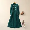 Spring Green Solid Color Pleated Dress Long Sleeve Stand Collar Panelled Double-Breasted Casual Dresses S3D121207