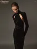 Casual jurken Clacive Sexy Slim Black Velvet Dress Bodycon Stand kraag lange mouw enkellengte elegante holle feestvrouw