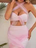 Casual Dresses Est Chic Women Celebrity Sexy Mesh Ruched Cut Out Pink Mini Bodycon Bandage Dress 2024 Elegant Evening Club Party