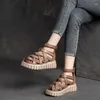 Sandales Summer Femmes Round Toe Chaussures de plate-forme talon Chunky Genunine Leather High Gladiator fait à la main