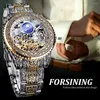Wristwatches FORSINING Watch For Men Tourbillon Automatic Mechanical Skeleton Engraved Vintage Moon Phase Steel Strap Reloj Hombre