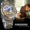 Montre-bracelets ForsiNing Watch for Men Tourbillon Automatic mécanique squelette gravé vintage phase de phase d'acier en acier Reloj Hombre