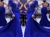 重いビーズシアースリーブマーメイドウエディングドレス2018ロイヤルブルーイリュージョンネックイブニングドレス