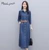 Elegant Blue Jean Dress For Ladies Autumn 2021 Fashion Turndown Collar Puff Sleeve Singlebreasted Denim Shirt Long Dresses Casua7829997