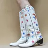 Ippeum Boots de cowboy blanc étoiles western knee chaussures hautes plus taille 43 cow-girl vintage broder botte cowboy femme 240408