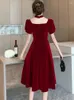 Casual Dresses Female Red Velvet Chic Sqaure Collar Beading Sexy Long Dress Autumn Winter Elegant Wedding 2024 Luxury Party Evening