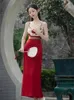 캐주얼 드레스 서스펜더 드레스 2 피스 세트 여성 레트로 중국어 한피 수정 스프링거 수트 데일리 스타일 색상 일치하는 느슨한 패션