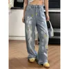 KAKAMEE American Style Washed Paint Graffiti Street Style Wide Leg Micro Flared Jeans Thirteen Line New Women's Pants