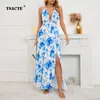 Casual Dresses 2024 Arrival Sexy And Elegant Deep V-Neck Neck Tie Dress Summer Hem Slit Print Fashion Temperament Women's Large