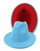 Nowy zewnętrzny jezioro Blue Inner Red Wool Feel Fedora Hat podwójna patchworka formalna sukienka ślubna Kobiety Czapki Founded Classic Jazz Cap1569255