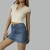 Frauen T-Shirts Frauen Sommer kurzes T-Shirt-Ärmel Patchwork maßgeschneidert V-Ausschnitt Rippte Crop Top Damen Stretchy Navel Hemd