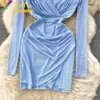 Casual Dresses Elegant Formal Dress Solid V-neck Pleated Mesh Long Sleeve Panel Slim Bodycon Chic Party Night Club