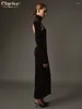 Casual jurken Clacive Sexy Slim Black Velvet Dress Bodycon Stand kraag lange mouw enkellengte elegante holle feestvrouw