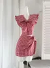 ワークドレス高品質のファッション衣装2ピーススカートセットセーラーカラークロップトップボウレッド格子形のスイートパーティー日本語
