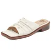 Hausschuhe Asumer 2024 Größe 33-42 Echtes Leder Falten Frau Square Med Heels Ladies Solid Summer Shoes