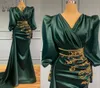 Vintage mörkgrön sjöjungfru aftonklänningar arabiska afrikanska guldpärlor applikationer veck v hal lång satin party tillfälle klänningar prom 1103608
