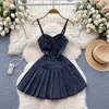 Lässige Kleider Sommermode für Frauen Denim Slash Neck Spaghetti Gurt dünne Plissee Kleid Französisch Chic weiblich Vestidos Drop