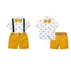 Kledingsets 2024 Toddler Gentleman Outfit Kinderen Korte mouw shirt met boogbroek babyjongens kleren kinderen formeel pak 9m-7y