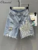 Jeans pour femmes perles lourdes 3d trou de fleur de fleur short denim 2024 Fashion d'été