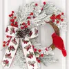 Fleurs décoratives Couronnes de Noël pour porte d'entrée Garland rouge et blanc avec pine Cone Bird Bo Spiet Home Decor Farmhouse Mur