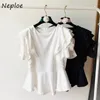 Женские футболки N Neploe 2024 Summer O-образные топы женщины y2k Slim Taiste Ruffles Tee Shirt Fashion Simple White с коротким рукавом