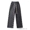 Women's Pants American Retro Black And White Plaid Loose Straight Wide-Leg Elastic Waistband Lace-up Slim Looking High Waist Suede Mop