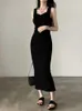 Vestidos casuais como moda coreana e elegante mini vestido sexy de baixa festa de festa longa mulher vintage roupas pretas escuras 90s 90s