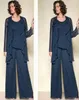 Mother Of the Bride Dress Trousers Mother's Dresses Formal Suits With Jacket Long Sleeve Chiffon Custom Zipper Plus Size New Three Pieces O-Neck Dark Navy