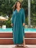 Przyczynowo stałe kolorowy ręcznie robany dzianina V Szyjka Kaftan plus size Kaftan Sukienka Kaftan Summer Lets Lose szatę plażową garnitur pływa