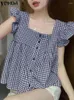 Blans des femmes élégants sommets Vonda Summer Plaid Femmes Femmes Sexy Square Collar Short Sleeve Ruffled 2024 Fashion Casual Woard Blusas