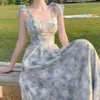 Elegantes langes Blumengurt Kleid Frauen Vintage süßes Druck Korean Slip Fairy Kleid Casual Calssy Party Prinzessin Kleid Sommer 240411