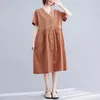 Party Dresses 2024 Solid Color V-Neck Single Breasted Cotton Loose Summer Blue Dress for Women Travel Casual Long Lady Work