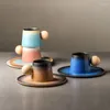 Tasses Tasse de café en céramique de haut niveau et soucoupe Set petit déjeuner au thé à thé Espresso Tasse goutte à goutte avec manche en bois