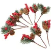 Decorative Flowers Fake Burgundy Berries Picks Artificial Pine Cone Christmas Decor Desktop Adornment Tree Branches