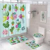 Duschgardiner 4st akvarell Plant Cactus Curtain set saftig blomma hem badrum dekorera skärmgolvmatta badtoalettlock