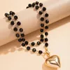 Pendant Necklaces Retro Heart Shaped Long Necklace Women 2024 Simple Black Imitation Crystal Beaded Girl Fashion Charm Jewelry