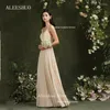 Robes de fête Aleeshuo Boho mousseline V V-collier Prom Spaghetti Backless Lace Illusion Robes de soirée