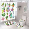 Duschgardiner 4st akvarell Plant Cactus Curtain set saftig blomma hem badrum dekorera skärmgolvmatta badtoalettlock