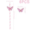 Decoração de festa 6pcs Butterfly Birthday Papel Straw Decorações de casamento crianças Crianças de chá de bebê Girls 1st supila