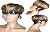 Kort rak bob pixie klippt ingen spets främre mänskliga hår svart ombre blond brun peruk med lugg för kvinnor5710707