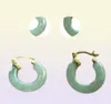 Natural Light green Jade 18K GP yellow Gold Hoop Earrings011567675