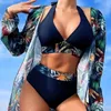 Kvinnors badkläder Leaf Print Swimsuit Women 2024 Three Piece Cover-Ups långärmad solskyddsmedel Bikini Hög midja V-Neck Beach Bathing Suit