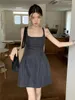 Casual Dresses Women's Square Neck Rem Dress Summer Open Back Lace Up Midjan A-Line Short Female Black Tie Style Sling