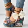 Sandals Summer Women's Minimalist Printed Slope High Heel White Bottom Casual One Line Buckle Fish Mouth Large