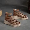 Sandalet kalın tabanlı orta topuk gerçek deri rahat el yapımı kadınlar nefes alabilen retro bayan ayakkabılar