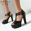 Sandals ORCHA LISA Sexy Elegant Open Toe Women 12cm Thin Stiletto Heel 2cm Platform Buckles T Strap Party Big Size 42 43 Black