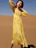 Abiti per feste Gypsylady casual chic floreale vestito stampato floreale giallo pulsante frontale estate boho donne a manica lanterna vesti vacanze