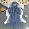 Dres French Lace Flower Dress Gaze Lantern Sleeve Voile Long Female Retro Hook Princess 2 Piece Set 240402